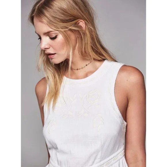 Free People Womens Womens Dress 0 White Birds of A Feather Embroidered Fit Flare - Picture 2 of 8